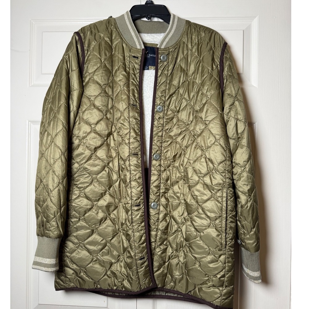 American Eagle Olive Green Quilted Sherpa Lined Bomber Jacket Medium